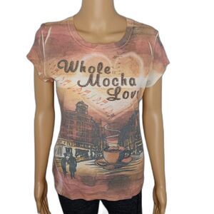 Women's Medium "Whole Mocha Love" Rhinestone Short Sleeve Coffee Lover Shirt Top
